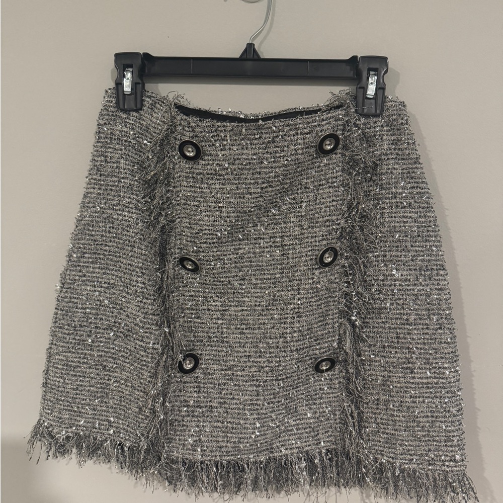Tweed Fringe Mini Skirt with Decorative Buttons - Gray